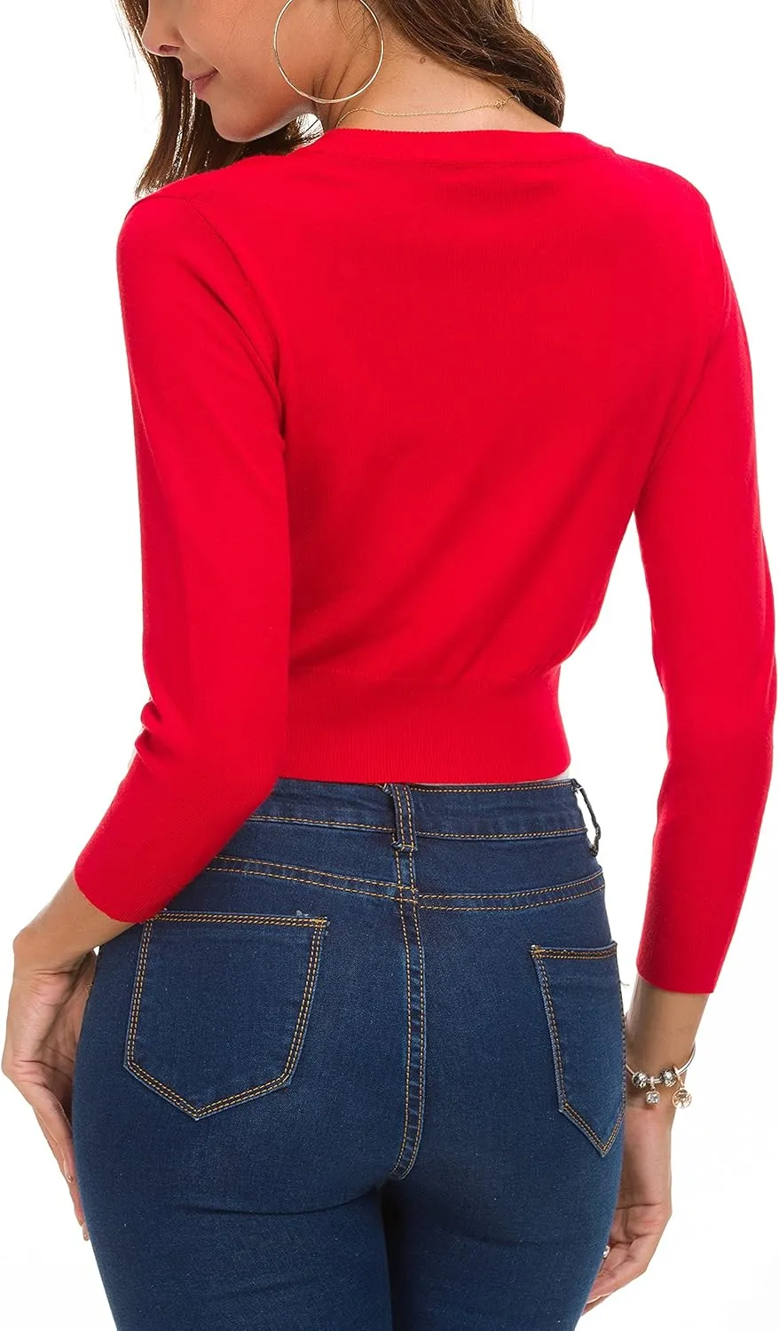 Women's Lightweight Knit Cropped Cardigan 3/4 Sleeve V-Neck Open Front Bolero Shrug for Dresses and Casual Wear