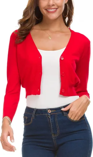 Women's Lightweight Knit Cropped Cardigan 3/4 Sleeve V-Neck Open Front Bolero Shrug for Dresses and Casual Wear