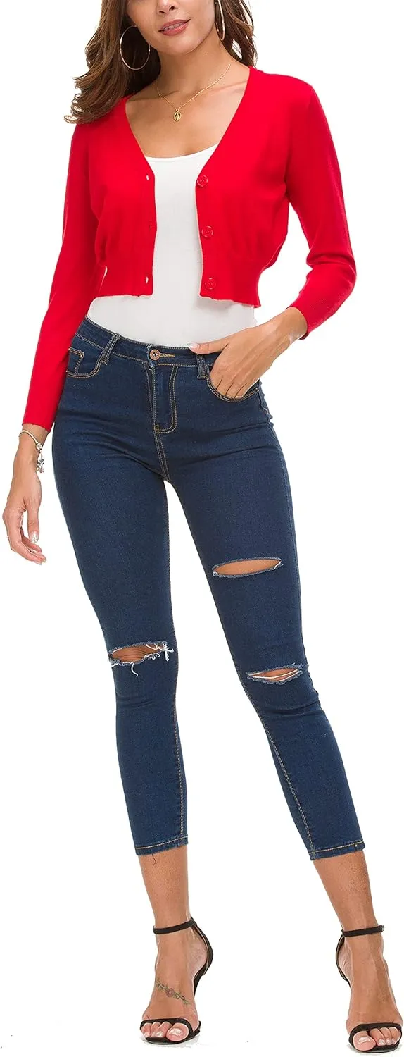 Women's Lightweight Knit Cropped Cardigan 3/4 Sleeve V-Neck Open Front Bolero Shrug for Dresses and Casual Wear