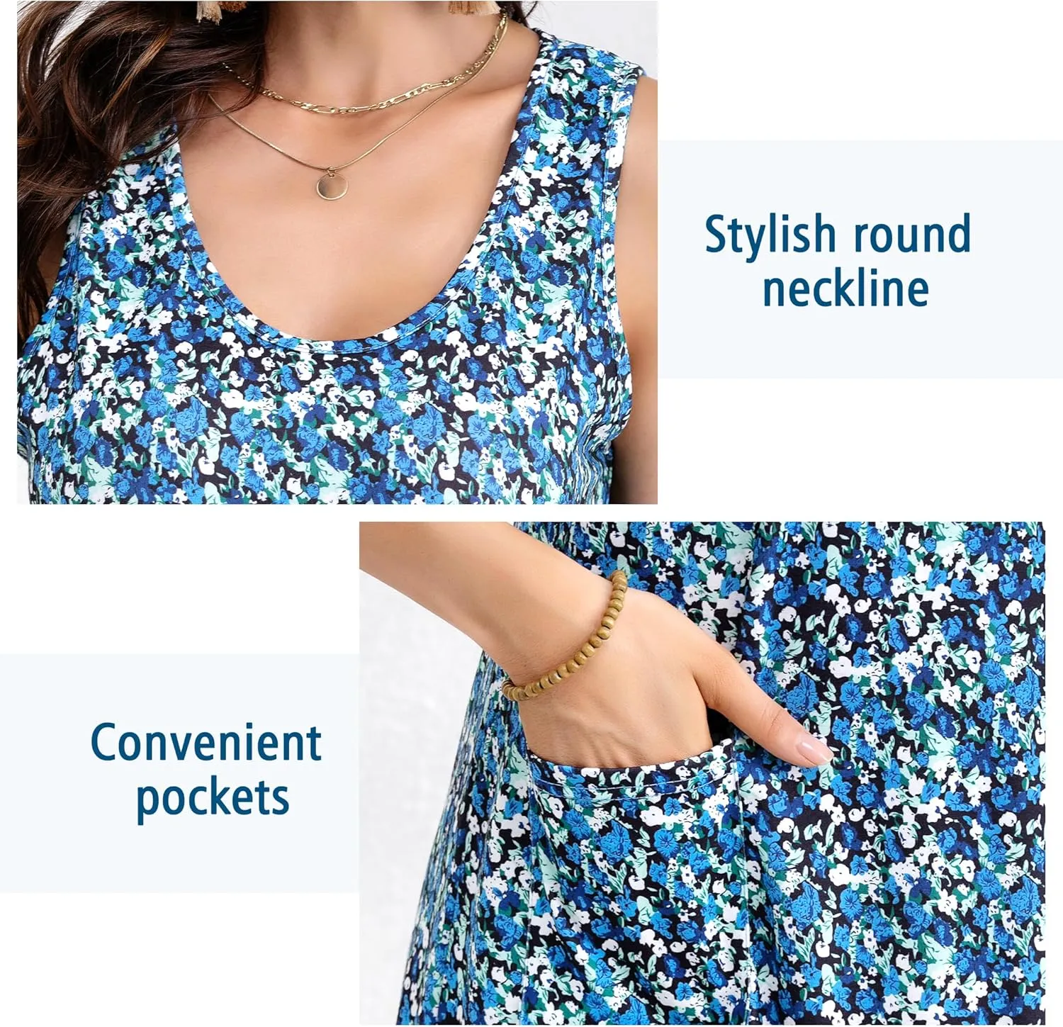Women's Summer Dresses 2025 Casual Sleeveless Boho Beach Dress Scoop Neck T-Shirt Floral Sundress with Pocket