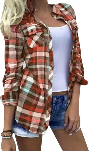 YMING Womens Button Down Flannel Shirts Long Sleeve Plaid Cardigan Casual Color Block Blouse Top with Pockets