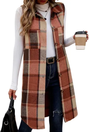 ZILIN Long Flannel Plaid Vest for Women Button Down Sleeveless Shacket Shirt Jacket with Pockets